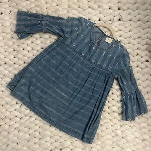 Harper Chambray Peasant Top with White Embroidered Motif